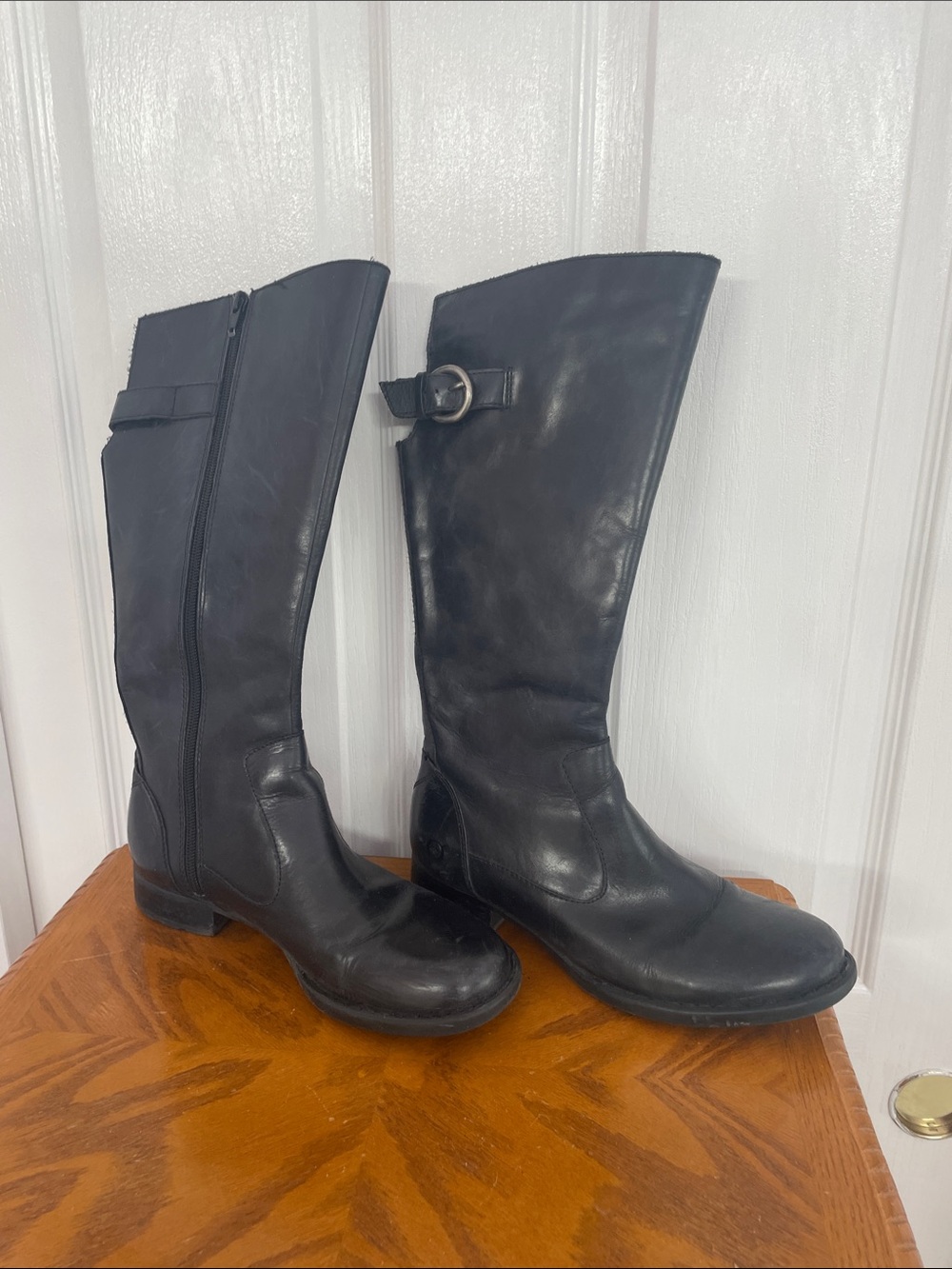 Born Black Leather Knee-High Riding Boots with Buckle Accent